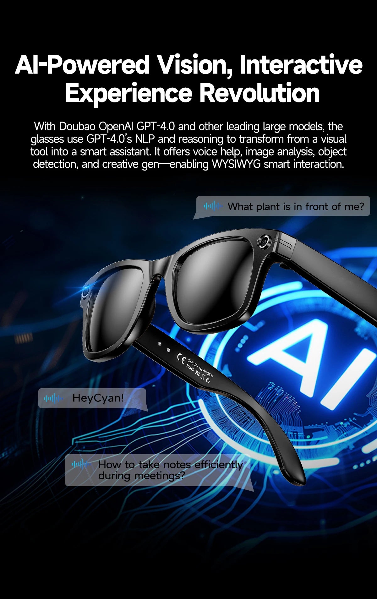 AI Smart Glasses with Camera 4K HD Video and PhotoCapture Real-TimeTranslation Voice Recording Open-Ear Audio Object Recognition