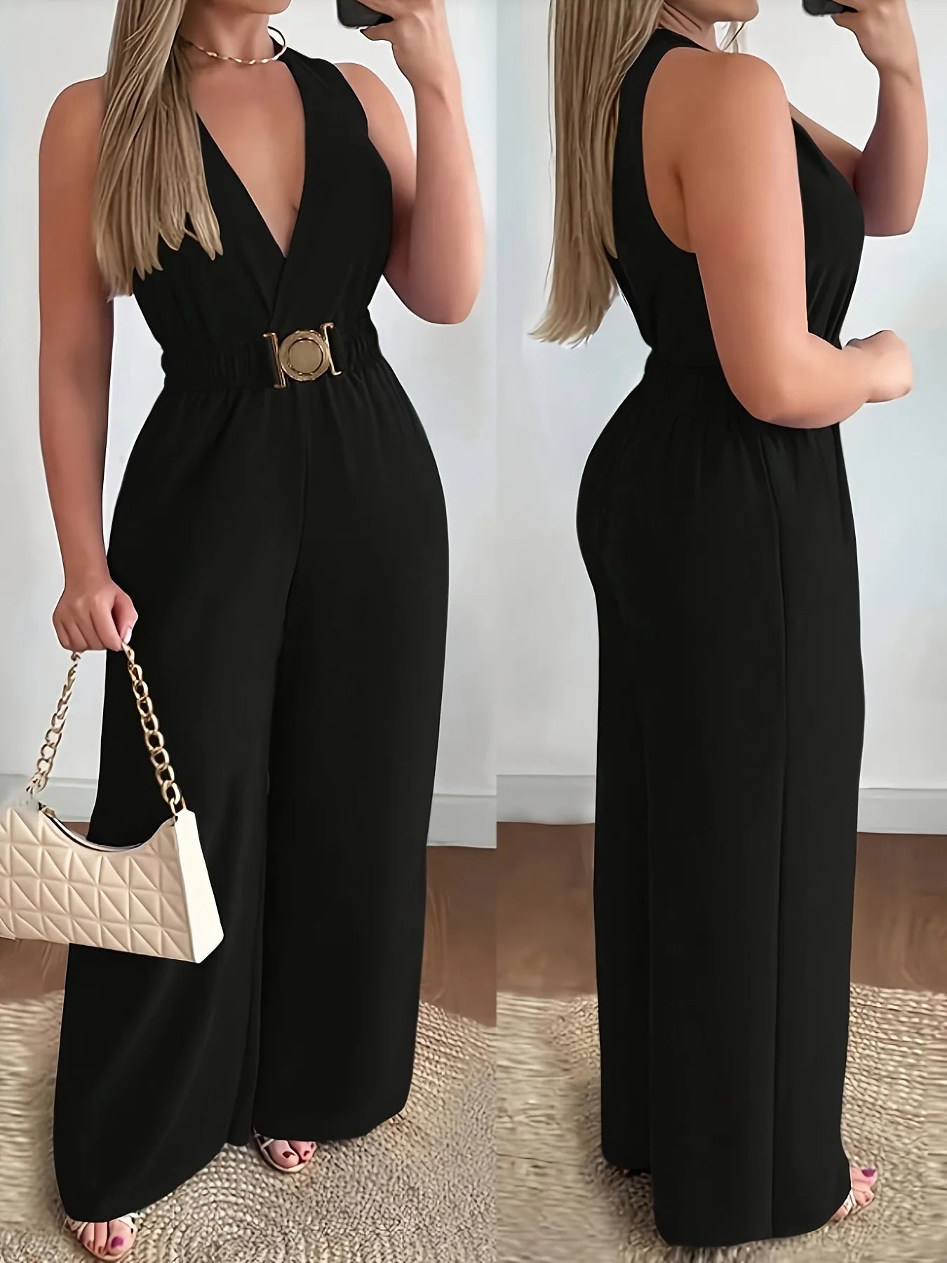 Women’s Sexy Deep V-Neck Wide Leg Jumpsuit