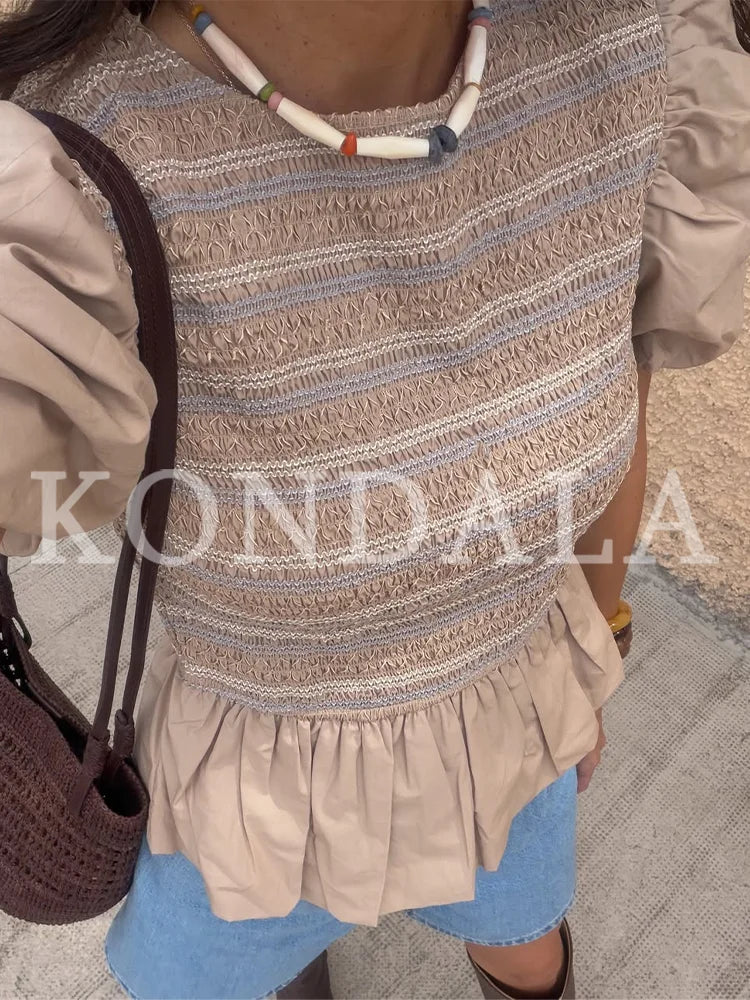KONDALA Elegant Bubble Short Sleeve Shirt Women Summer Chic Casual Holiday Skirt Hem Shirts New 2026 Trendy Ladies Folded Shirts