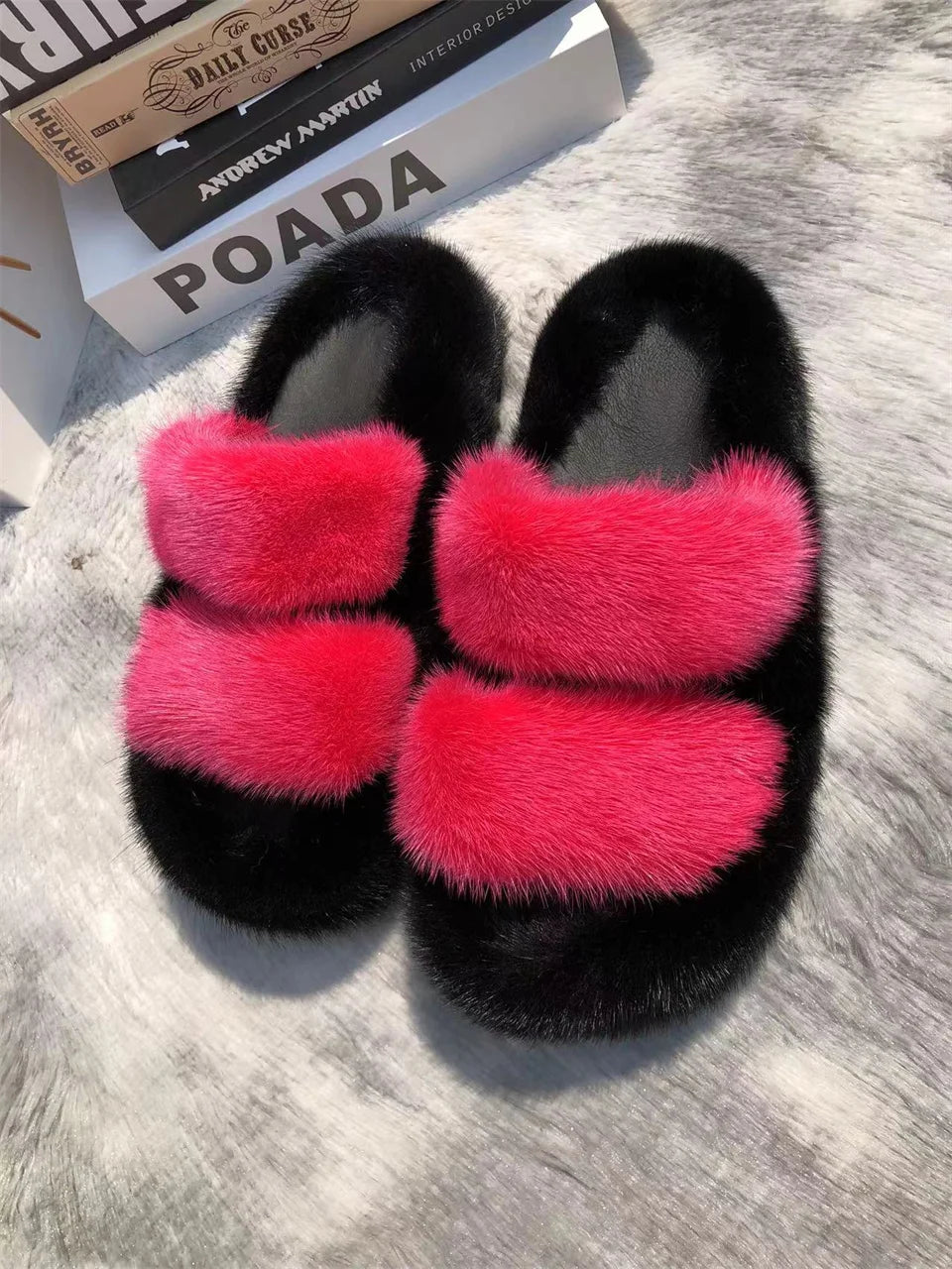 Mink Fur Slides Women's Slippers Thick-soled Sandals Summer Slipper Shoes for Woman Sandals Fashion Beach Slippers EVA Slides