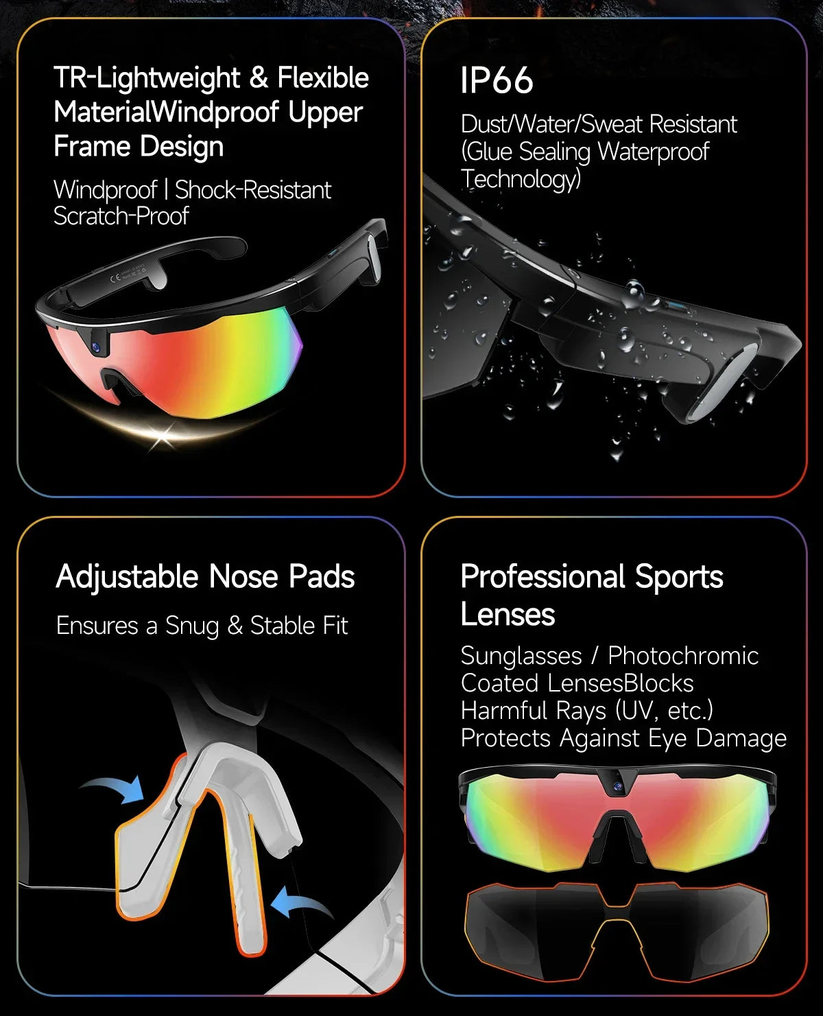 2026 AI Smart Glasses 800W HD Anti-shake Camera IP66 Waterproof AI Voice Wake-up AI Translation Four-in-one Cycling Glasses