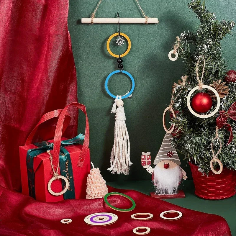 4-15cm Unfinished Wood Pieces Rings Shape Circle Ornaments Wood Rings Blank Wooden Slices for Painting Christmas Tree Home Decor