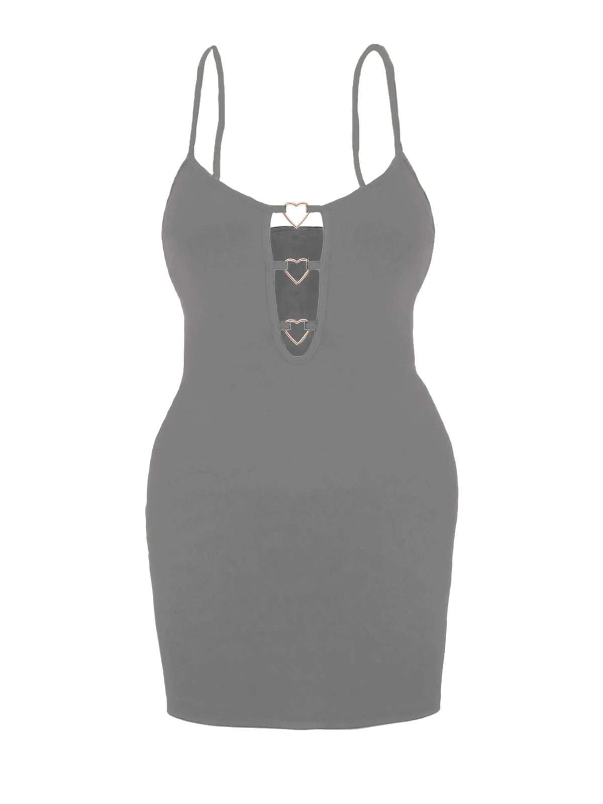 Plus Size Heart Metal Buckle Cutout Bodycon Mini Dress Spaghetti Strap Deep Hollow Front Slim Fitted Ribbed Short Dress Sexy Clu