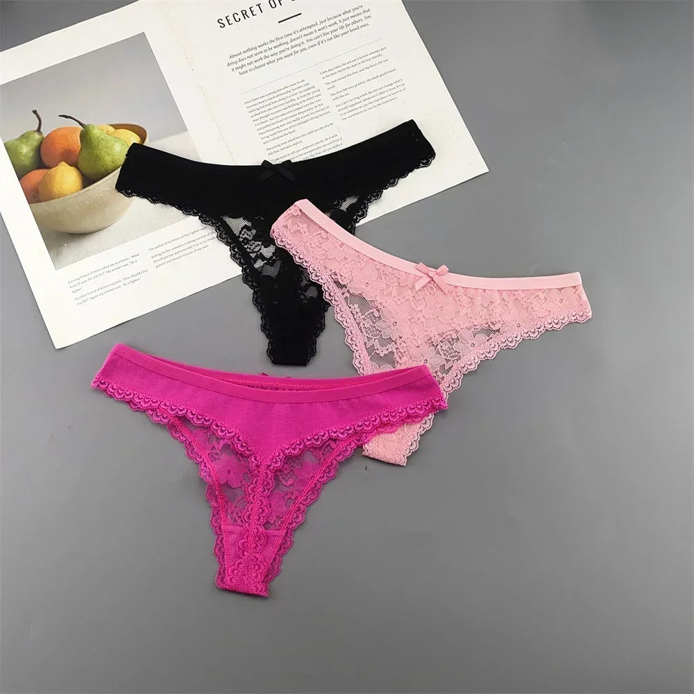 S M L XL XXL Plus Size Sexy Cozy Lace Cotton Thongs Underwear Lingerie for Women Seamless T-back Ladies Transparent G-string 3PC