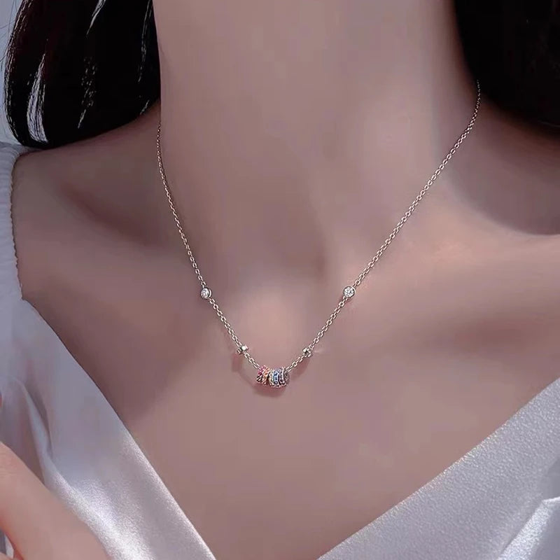 New 925 Sterling Silver Girls Handmade Round Colored Circled Choker Zircon Stone Necklace Simple Shaped Pendant Women's Wedding
