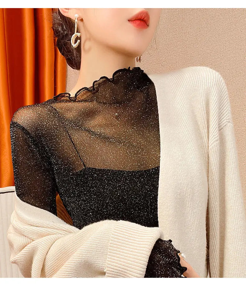 Sexy Women T Shirt See Through Transparent Mesh Tops Long Sleeve Sheer Slim Female Turtleneck Bright Silk T-Shirt Lace Crop Top