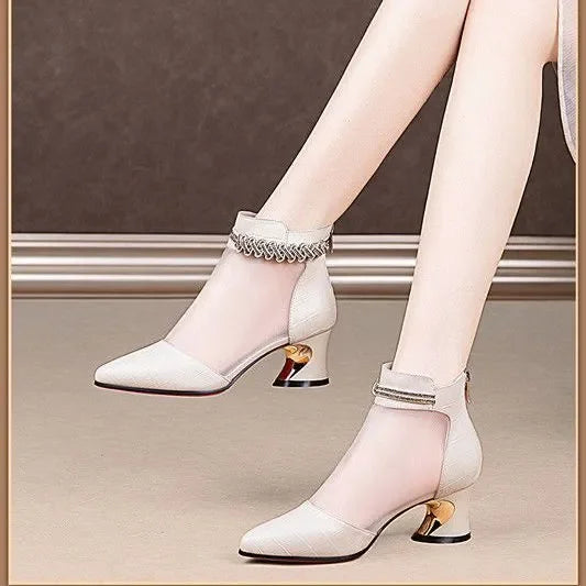 Women Classic Pointed Toe European Stylish High Quality Square Heel Shoes for Spring & Summer Lady Cool Black Comfy Shoes E1297