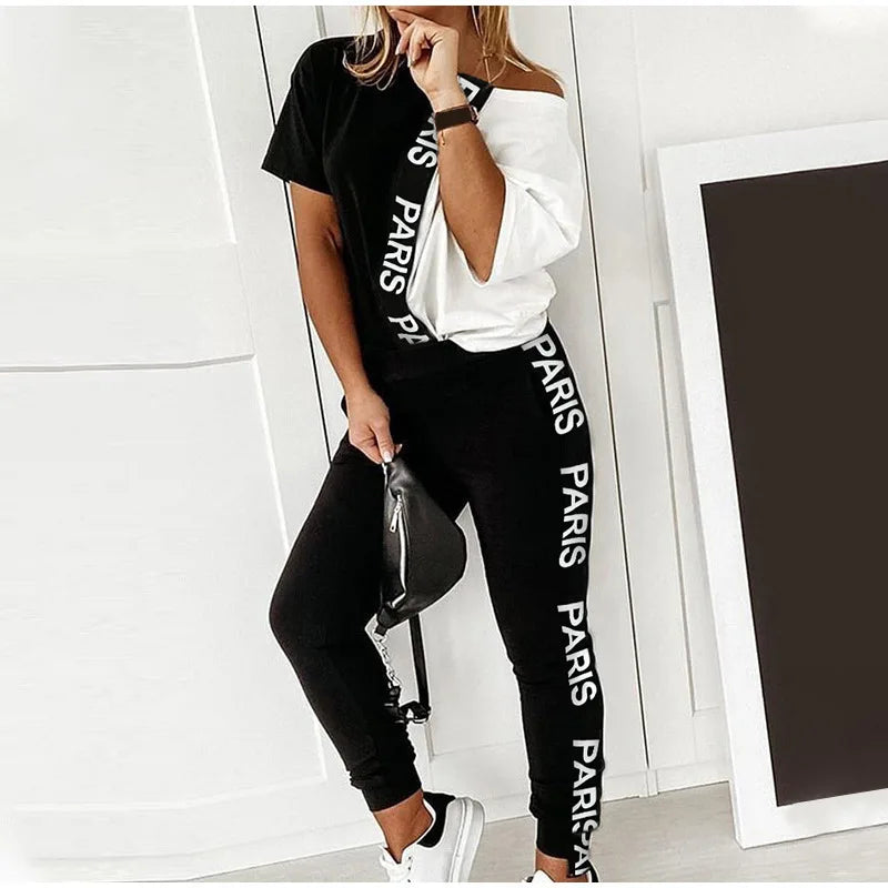 2023 Women's Spring Summer Sportswear Two-piece Set With Patchwork Letters Short Sleeved Long Pants Casual Women's Two-piece Set