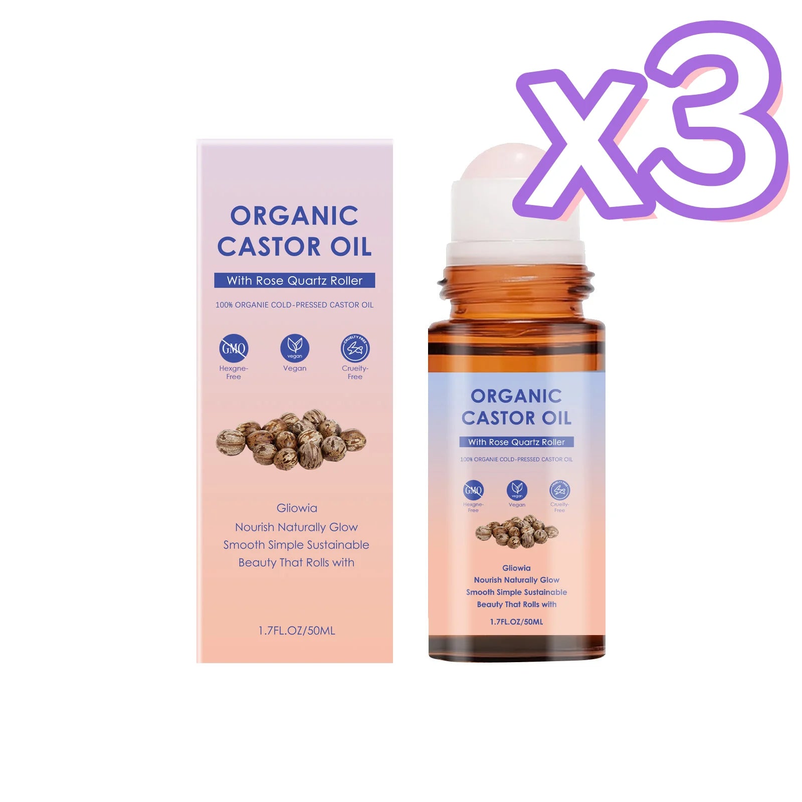 Organic Castor Oil Rose Quartz Roller Ball Moisturizing Skin Barrier Deep Repair Soothing Skin Cold-Pressed Natural Castor Oil