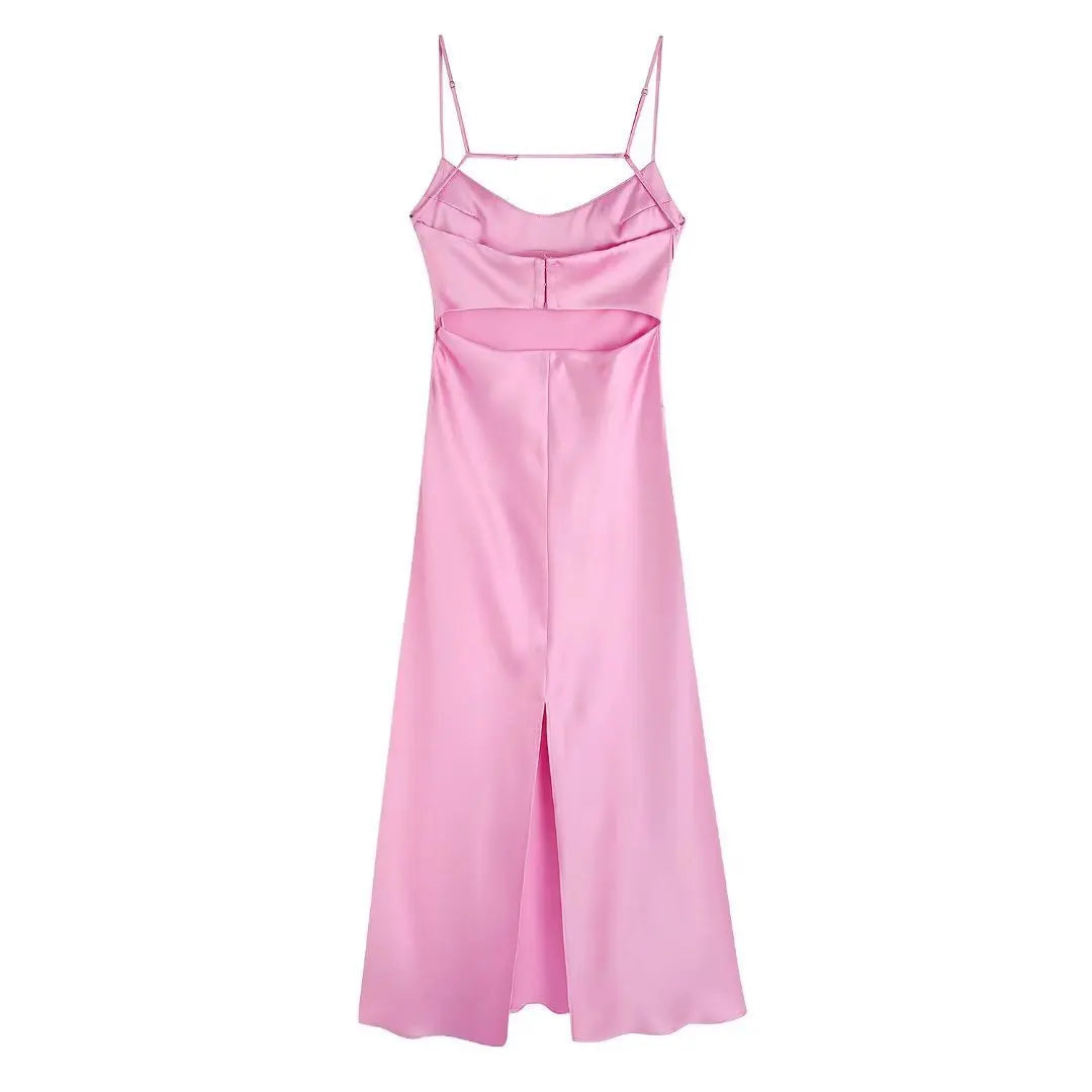 Suninheart Mid-calf Satin Dress Elegant Pink Sexy Sleeveless Cut Out Party Dresses Casual Holiday Birthday Women Clothing