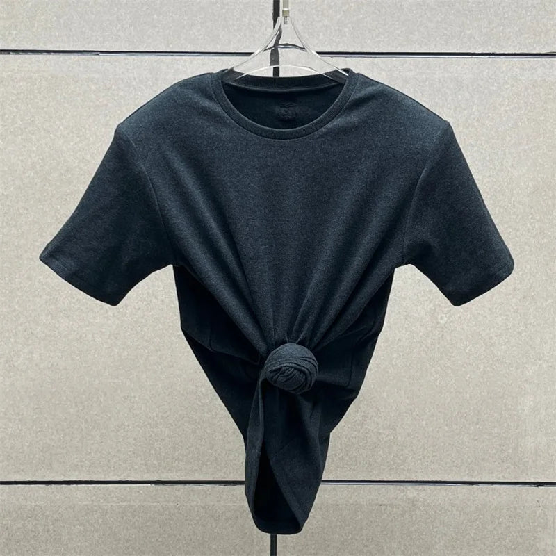 Women's t-shirt 2025 summer new shoulder padded slim fit short sleeved top pure cotton round neck pullover y2k Crop top corset