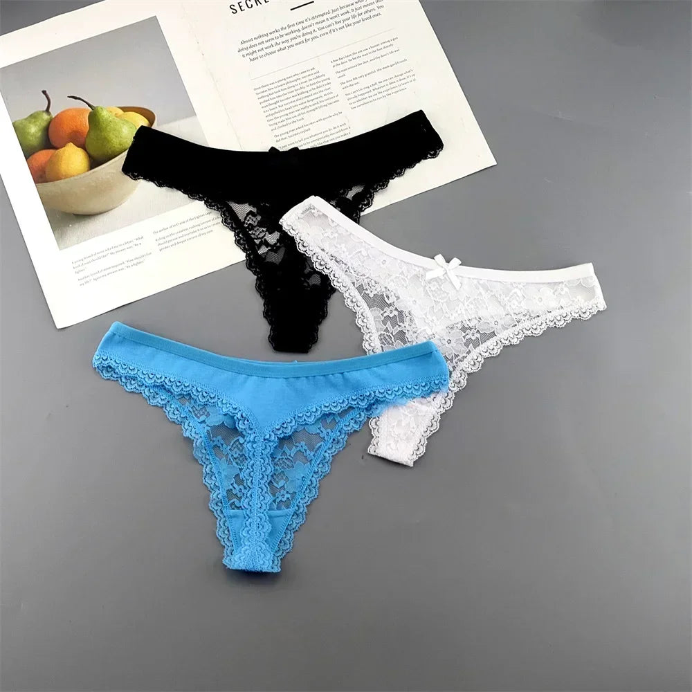 S M L XL XXL Plus Size Sexy Cozy Lace Cotton Thongs Underwear Lingerie for Women Seamless T-back Ladies Transparent G-string 3PC