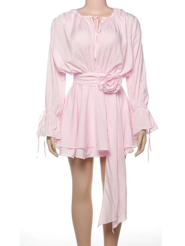 Weird Puss Sweet Style 3D Flower Decoration Dress Women Y2K Flare Sleeve Ruched Ribbon Vacation Fashion Elegant Mini Bodycon