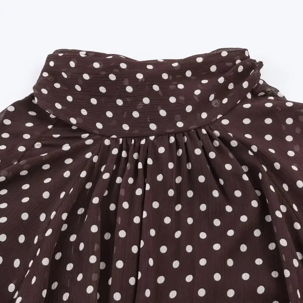 Polka Dot Lace Up Bow Shirt Women Casual Long Lantern Retro Sleeve Pleated Loose Blouse Lady 2026 Spring Commute Office Outwears