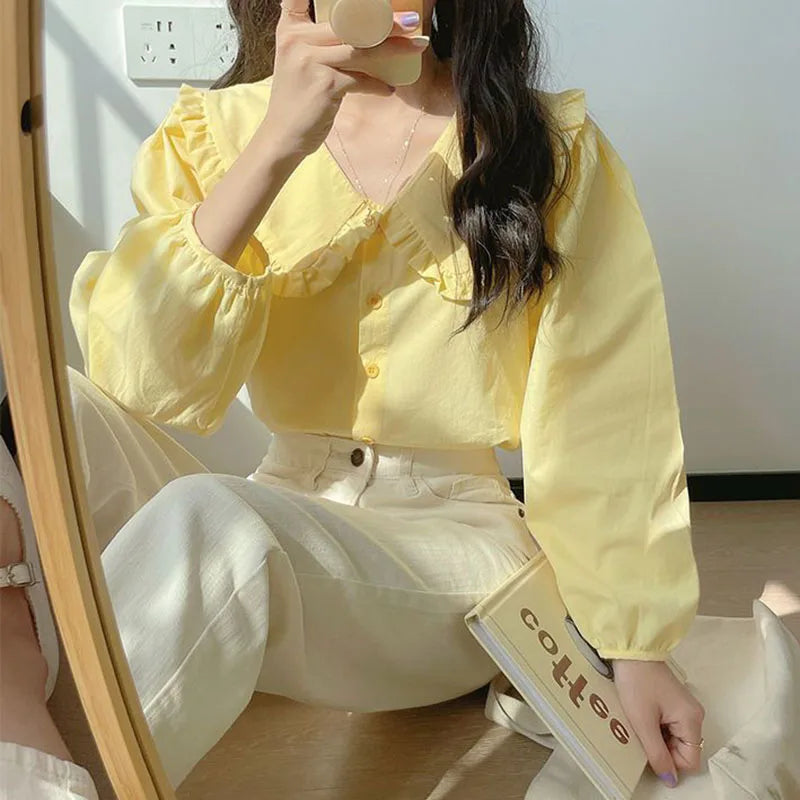 Solid Simple Blouse for Women Korean Chic Trendy Single-Breasted Ruffles Shirt Casual Sweet Big Turndown Collar Student Shirts