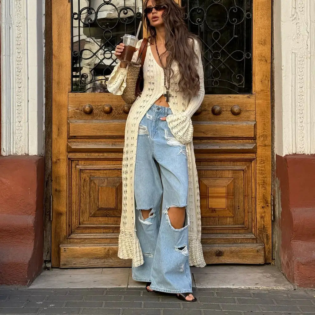 Combhasaki Women Y2K Chic Flare Long Sleeve Aesthetic Button-down V-Neck Ruffle Hem Hollow Out Knitted Long Dress Boho Beachwear