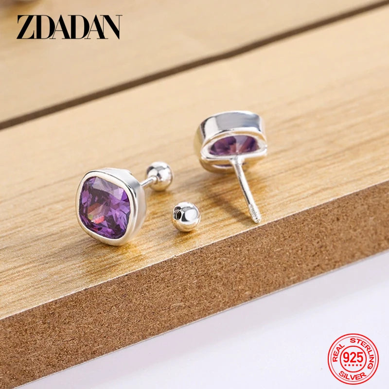 ZDADAN 925 Sterling Silver 8mm Square Amethyst Earring For Women Wedding Jewelry