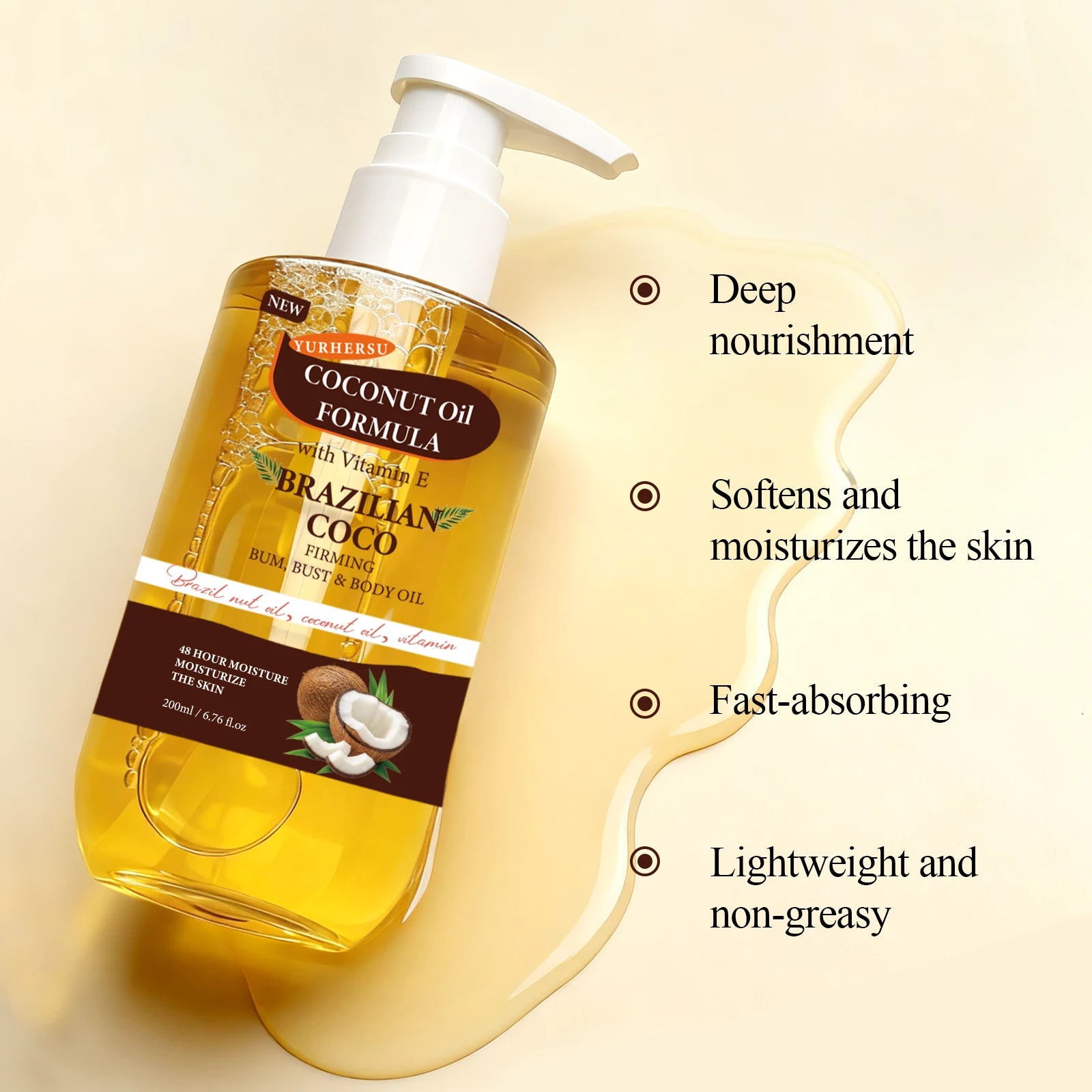 200ML Coconut Body Oil Firming Fade Fine Line Moisturizing Smooth Brightening Rejuvenating Repairing Nourishing Body Oil