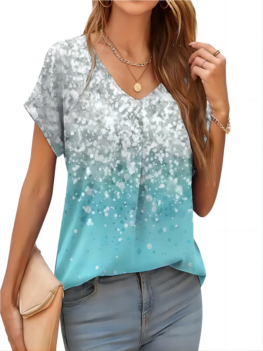2026 New Summer Women T-shirt 3d Fashion Print Gradient Harajuku T Shirt Oversized Tee For Ladies Clothing New Short Sleeve V-Ne