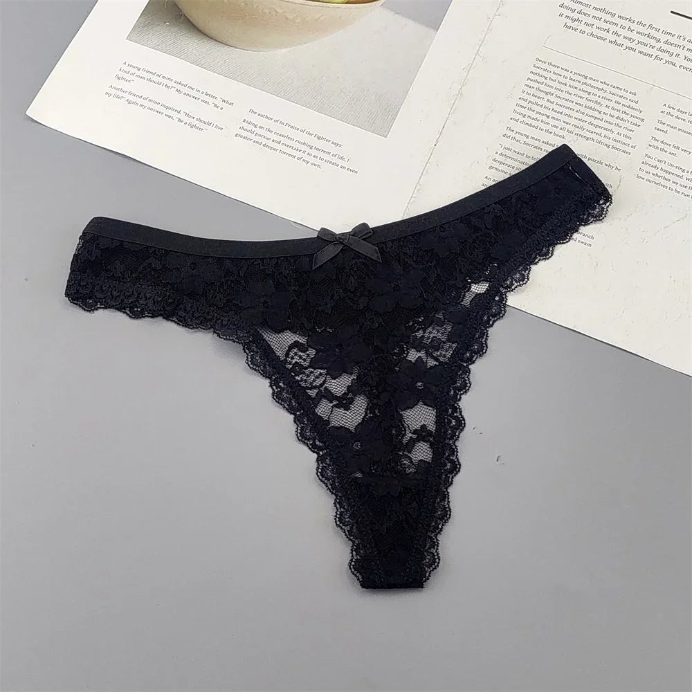 S M L XL XXL Plus Size Sexy Cozy Lace Cotton Thongs Underwear Lingerie for Women Seamless T-back Ladies Transparent G-string 3PC