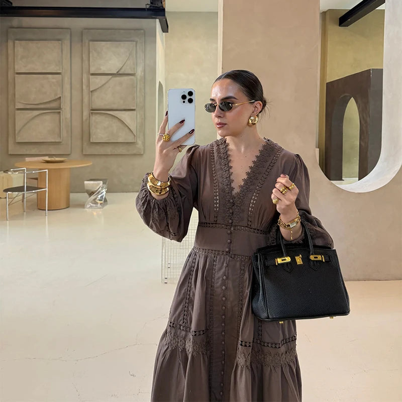 Elegant Hallow Out Long Dress Women Lantern Sleeve Deep V-neck Single Breasted Loose Dresses 2025 Fashion Solid Office Robe Lady