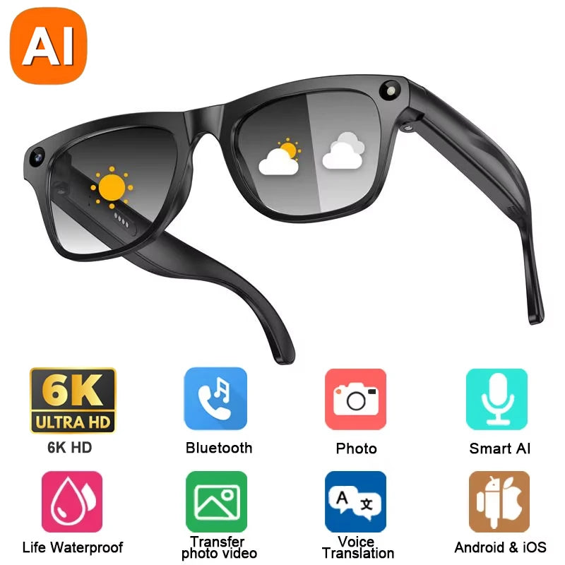 6K HD AI Camera Glasses 800MP Photochromic Multifunctional Smart Glasses Bluetooth Calling Photo Video ChatGPT Music Translation