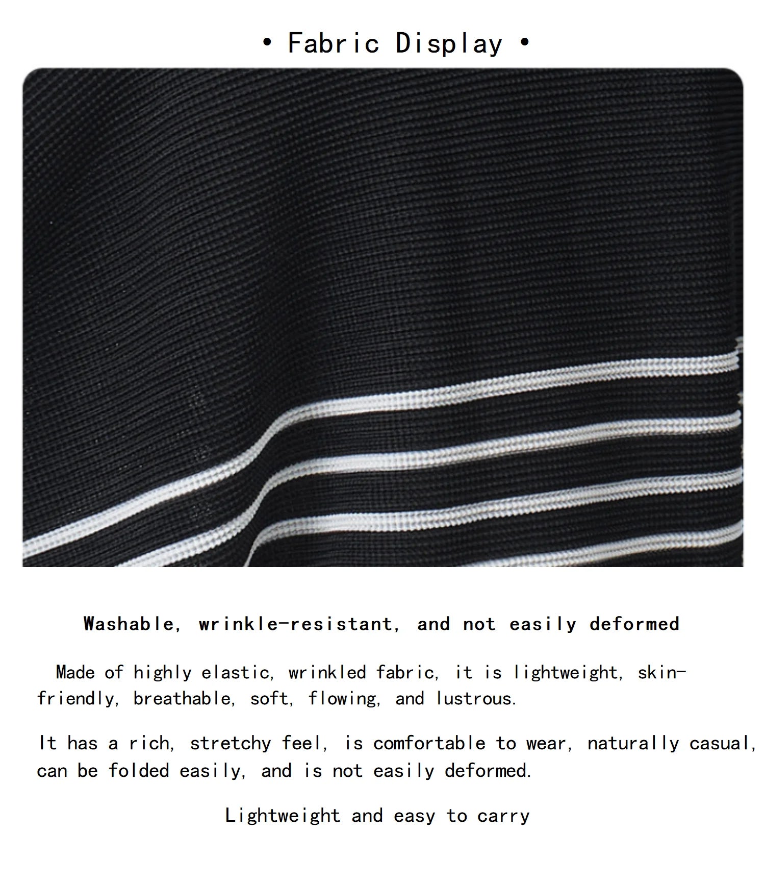 A trending women's clothing item for 2026: a matching black batwing-sleeved striped T-shirt and straight-cut skirt set by Miyake