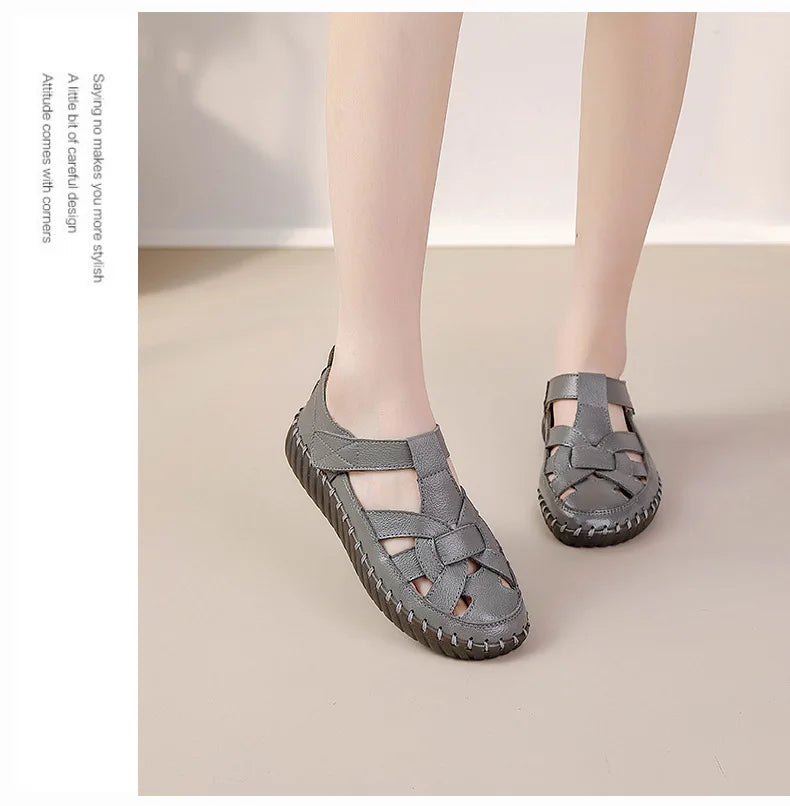 Newest gladiator summer sandals women's big size 43 woman real leather sandals ladies patchwork strap Non-slip flats