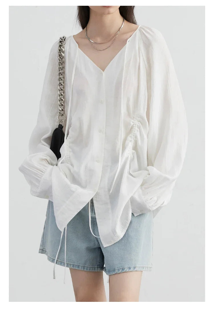 CHIC VEN Women Shirts Korean Loose Soild V-neck Long Sleeved Blouses Fashion Design Soft Lace Up Ladies Tops Summer New 2024