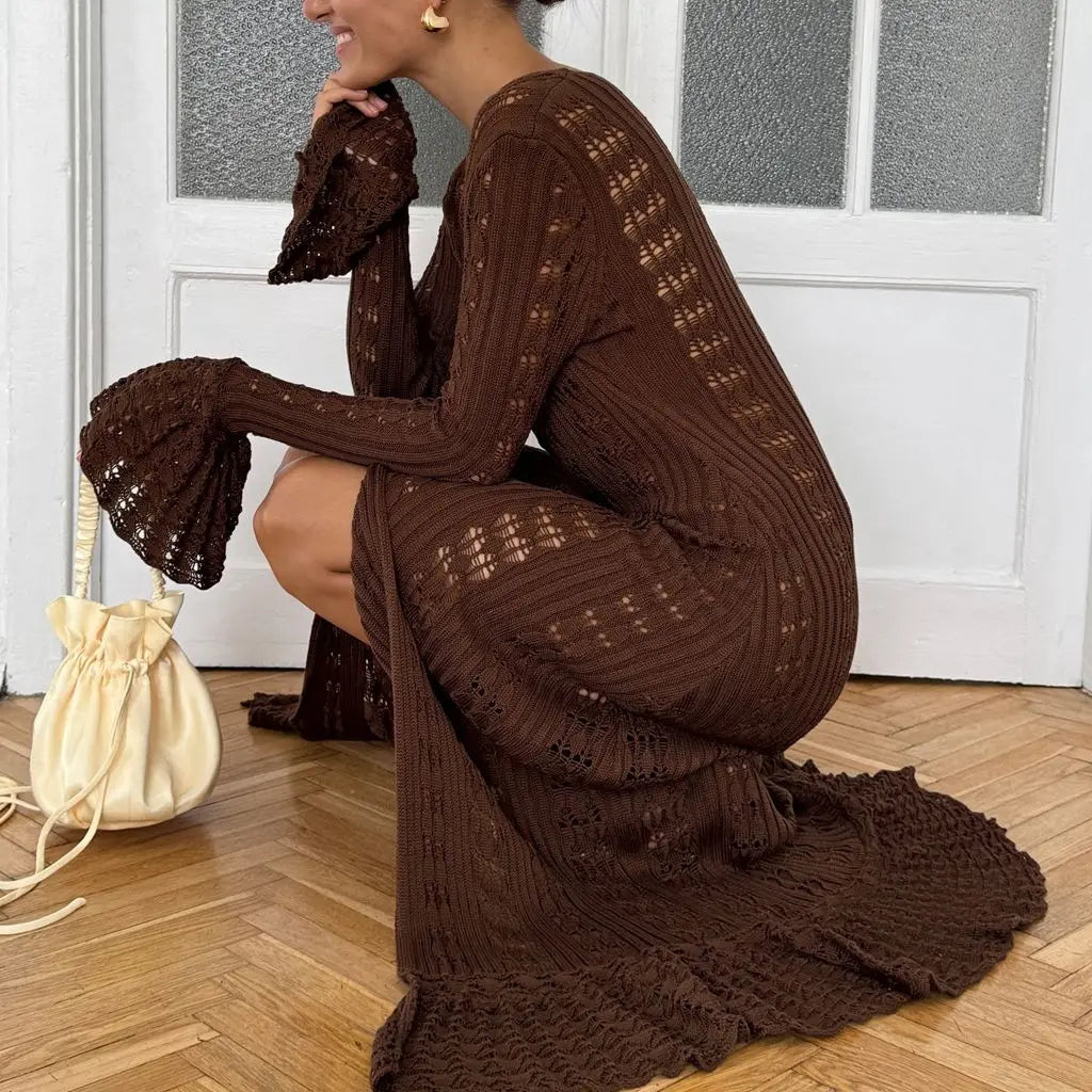 Combhasaki Women Y2K Chic Flare Long Sleeve Aesthetic Button-down V-Neck Ruffle Hem Hollow Out Knitted Long Dress Boho Beachwear