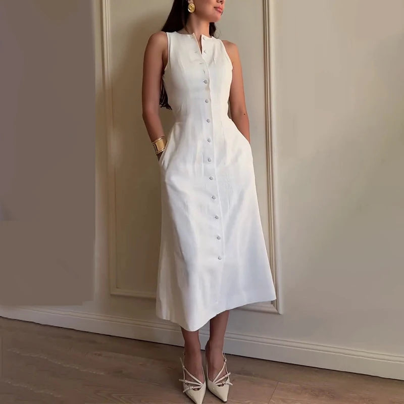 Elegant Hallow Out Long Dress Women Lantern Sleeve Deep V-neck Single Breasted Loose Dresses 2025 Fashion Solid Office Robe Lady