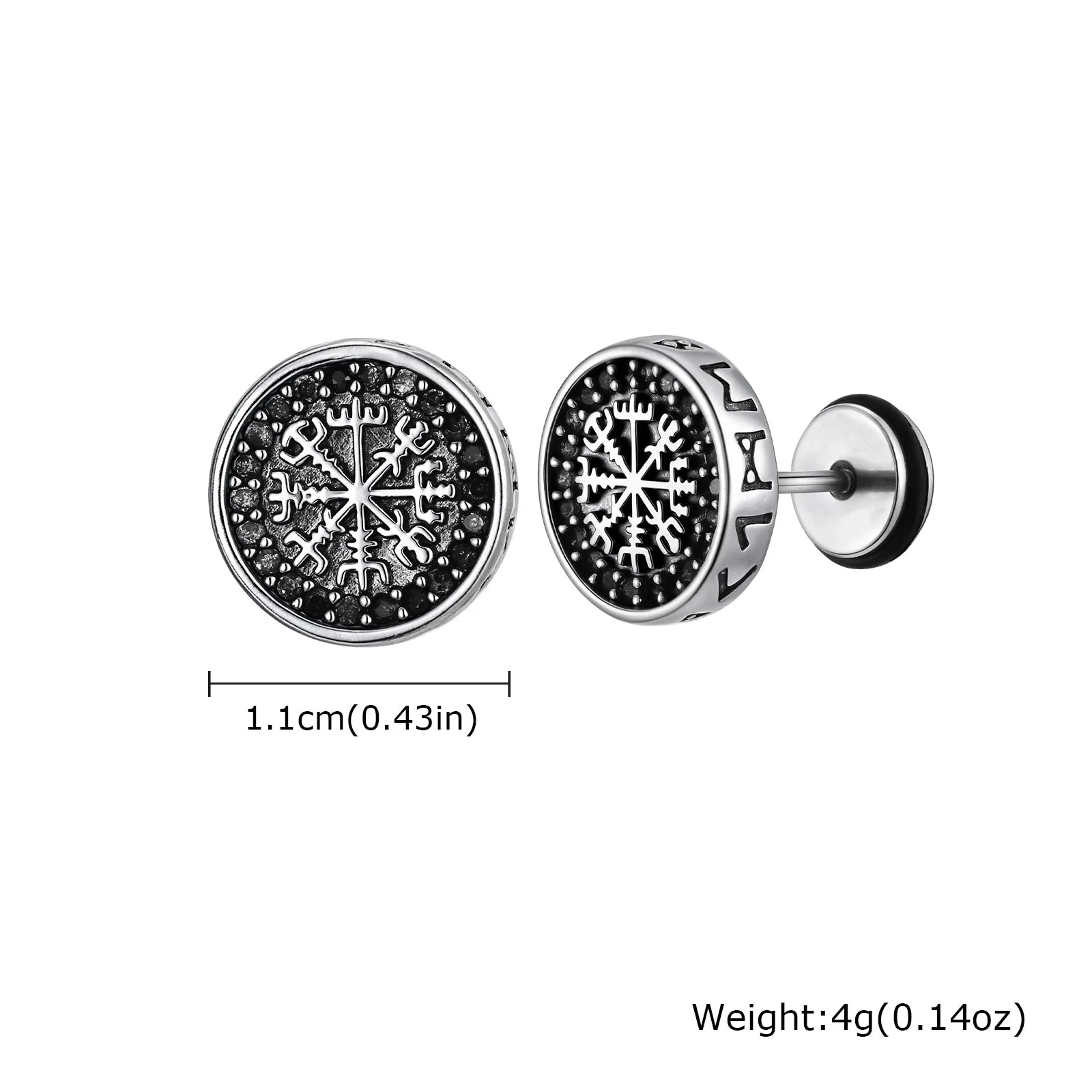 Vintage Viking Stud Earrings for Men Boys,Round Stainless Steel Compass Zircon Earring,Simple Jewelry Gift for Him