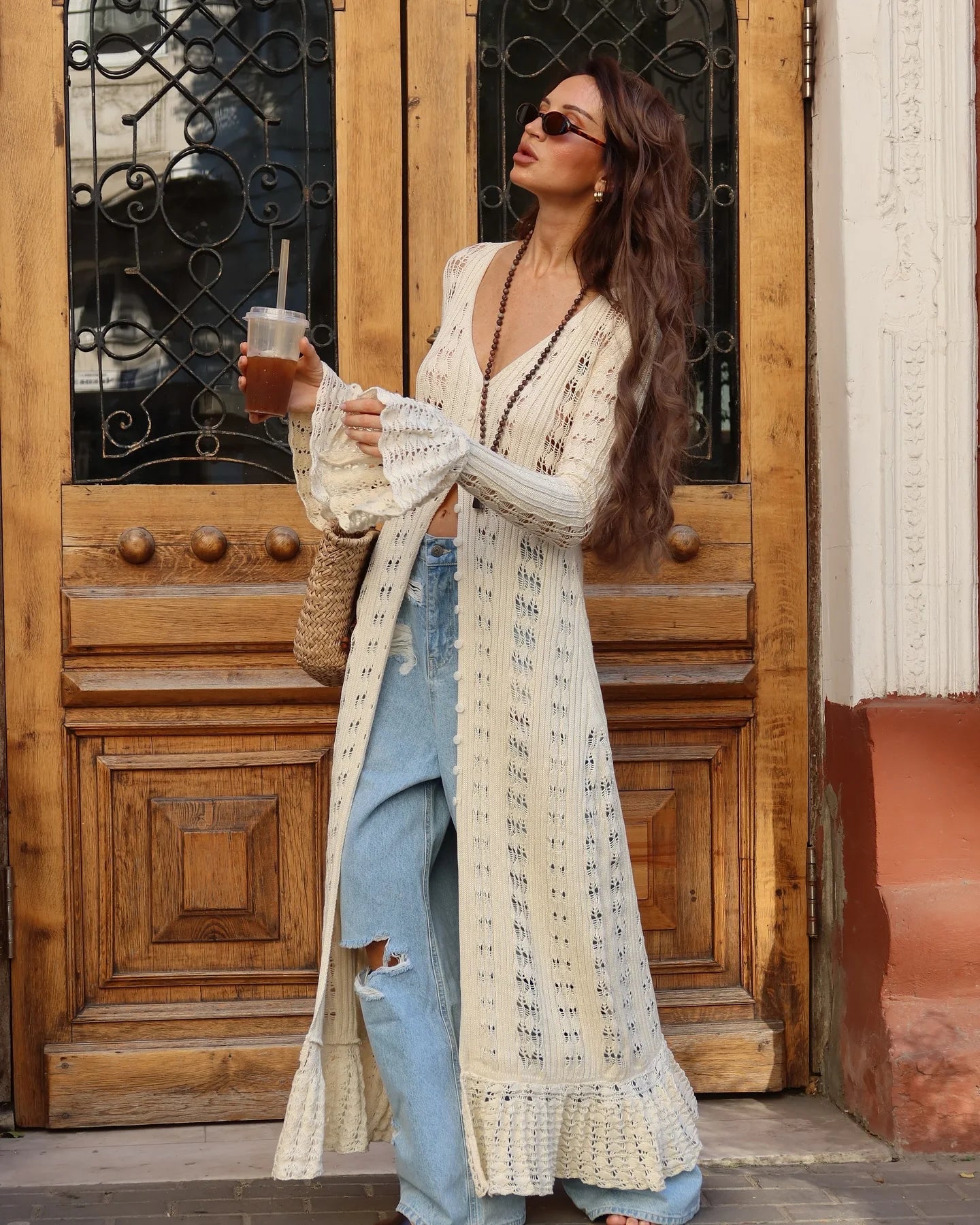 Combhasaki Women Y2K Chic Flare Long Sleeve Aesthetic Button-down V-Neck Ruffle Hem Hollow Out Knitted Long Dress Boho Beachwear