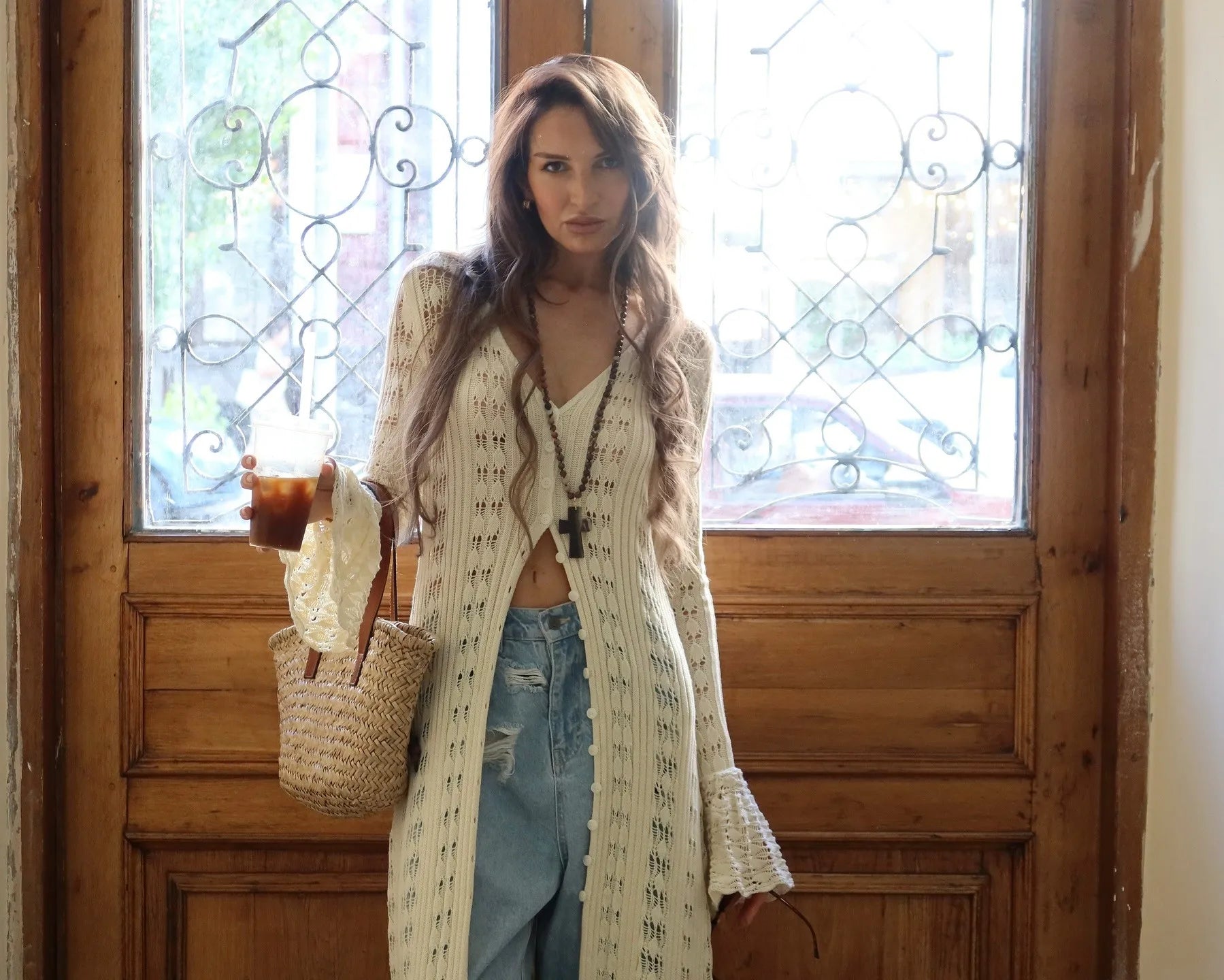 Combhasaki Women Y2K Chic Flare Long Sleeve Aesthetic Button-down V-Neck Ruffle Hem Hollow Out Knitted Long Dress Boho Beachwear