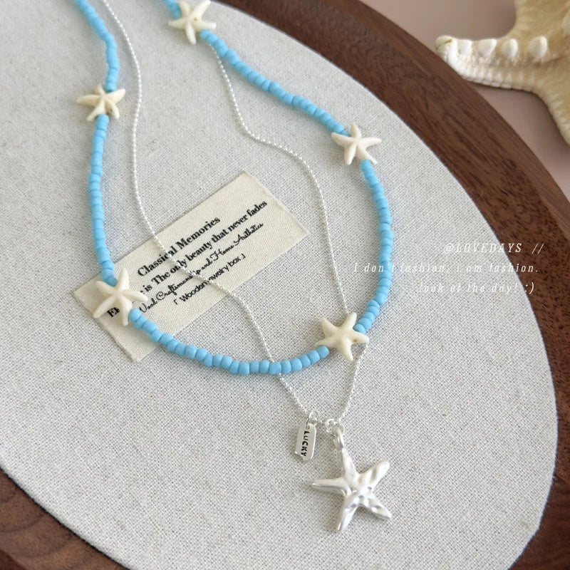 Summer Blue Starfish Necklace Women Double Layer Beaded Chain 45cm Boho Beach Jewelry 2025 New Luxury Layering Gift