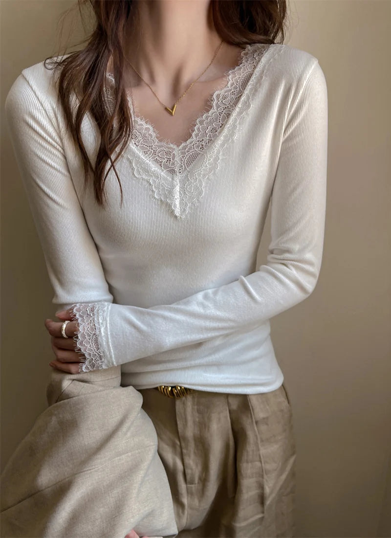Sexy V-Neck Long Sleeve T-Shirt Women Fashion Lace Patchwork Solid Color Bottoming Shirt Spring Autumn Stretch Slimming Base Tee