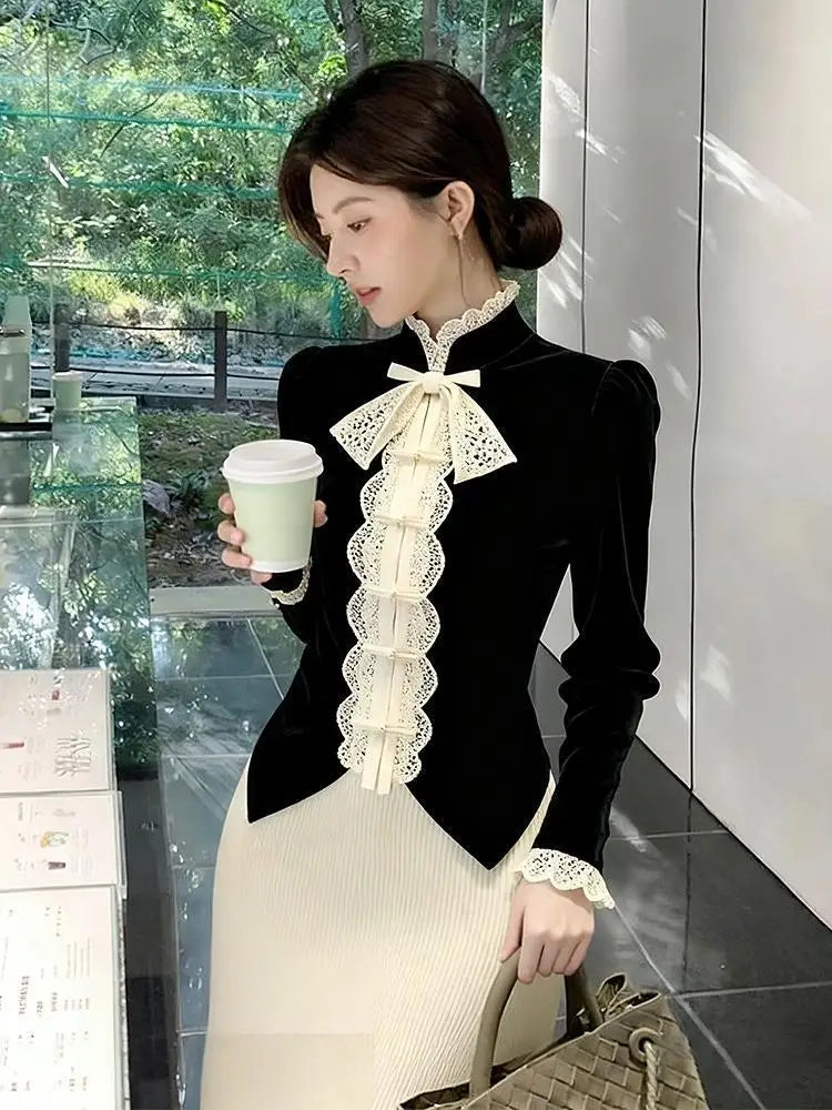 French Velvet Shirt Bow Camisas De Mujer Shirts & Blouses Black Top Blusas Roupas Femininas Designer Luxury Trend  Chemise Femme