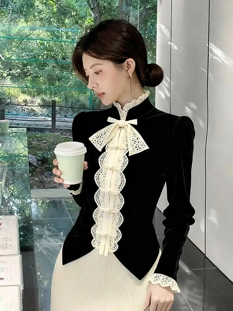 French Velvet Shirt Bow Camisas De Mujer Shirts & Blouses Black Top Blusas Roupas Femininas Designer Luxury Trend  Chemise Femme