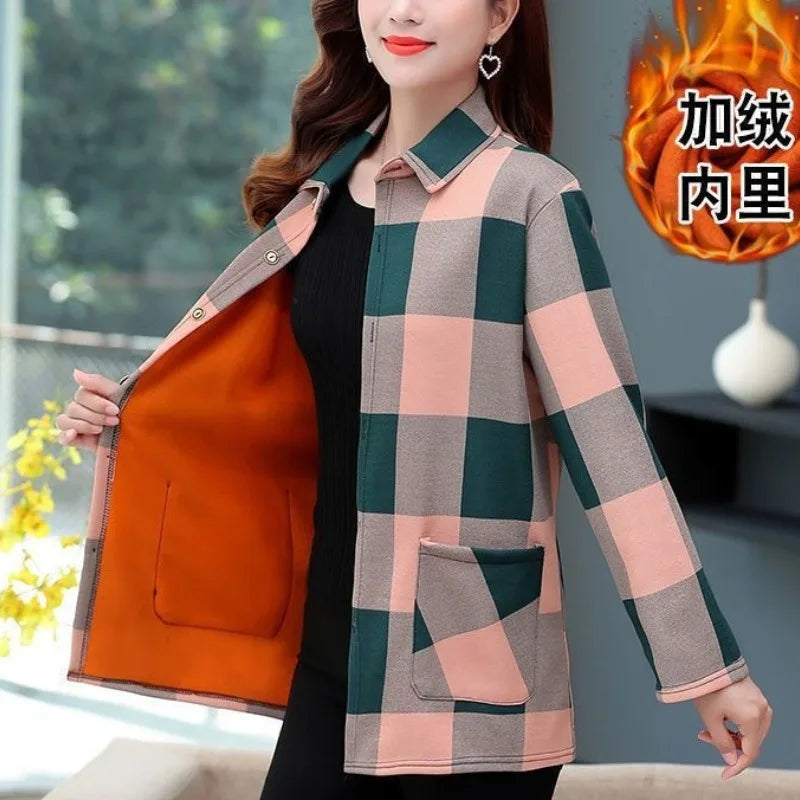 Women's Autumn Winter Long Sleeve Plaid Plus Velvet Shirt Fashion Thick Versatile Elegant Tops Patchwork Pockets Female Clothes