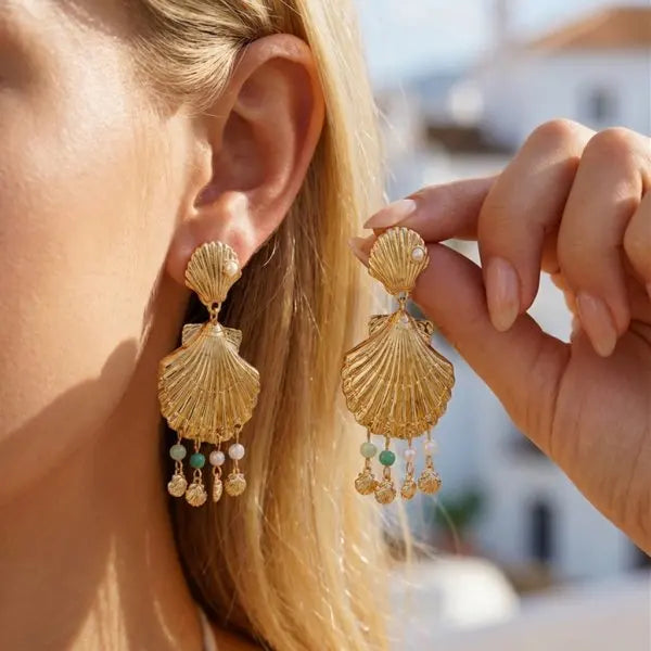 Bohemia Gold Color Metal Starfish Long Tassel Drop Earrings For Women Crystal Zircon Conch Shell Scallops Earring Beach Jewelry