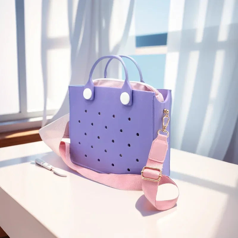 Fashion Storage EVA Large Leather Shoulder Bag Beach Tote Travel Handbag Storage for Women Casual Waterproof Bag Hole Fit Charms
