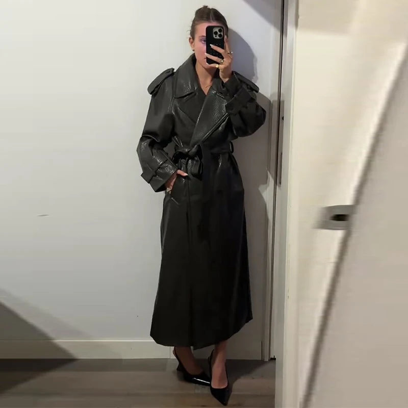 Street Pu Leather Women Long Coat Fashion Long Sleeve Button Belt Lapel Pocket Female Outwear 2025 Autumn Winter Lady Jacket New
