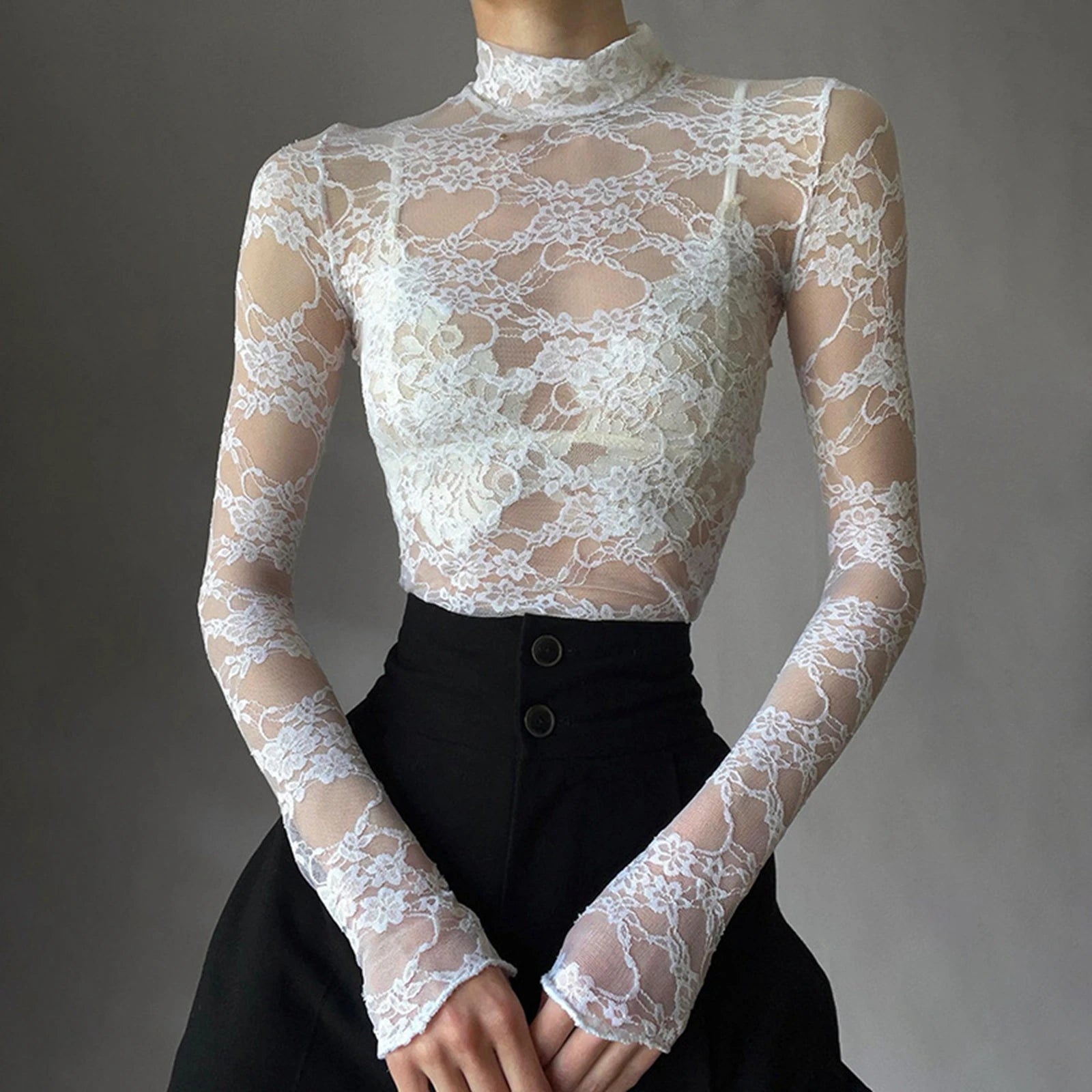 Women's Lace Mesh Crop Tops Long Sleeve Floral Sheer Blouse Sexy Shirt High Neck See-Through Slim Fit Tee Shirts Clubwear