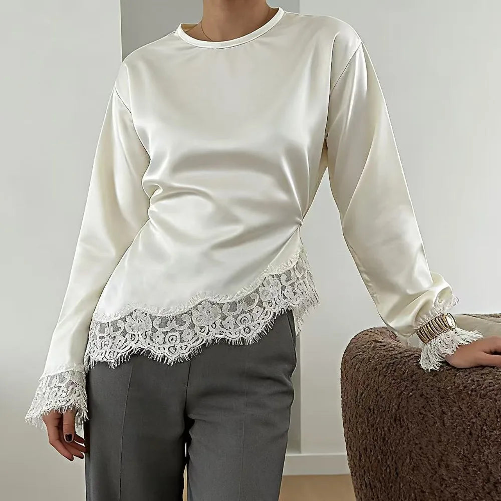 Belted Waist Lace Patchwork Top Flare Sleeve Solid Color Lace-up Top Asymmetrical Design Irregular Hemline Satin Blouse Spring
