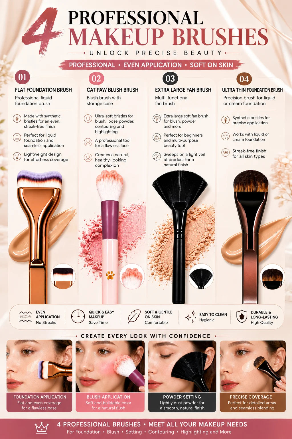 4-Piece Bestselling Makeup Brush Set: Professional Liquid Foundation Brush, Cat Paw Blush Brush, Oversized Fan Brush & Ultra-Thi