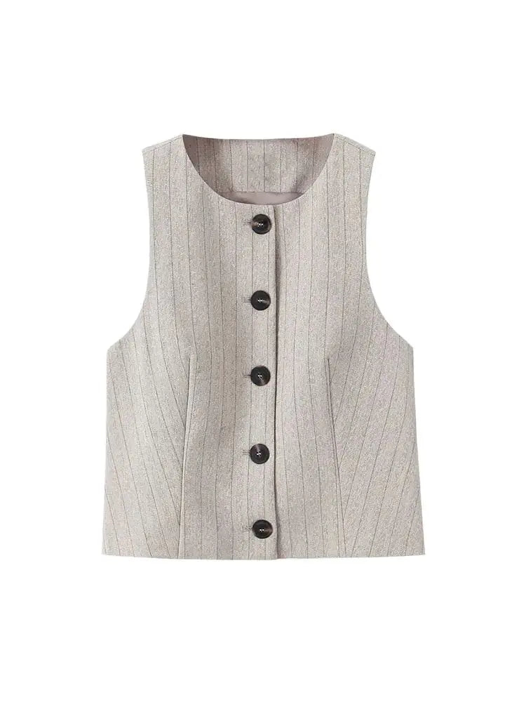 Women Fashion Striped Cropped Waistcoat Top And High Waist Front Dart Wide Leg Pants Female Two Piece Sets Mujer