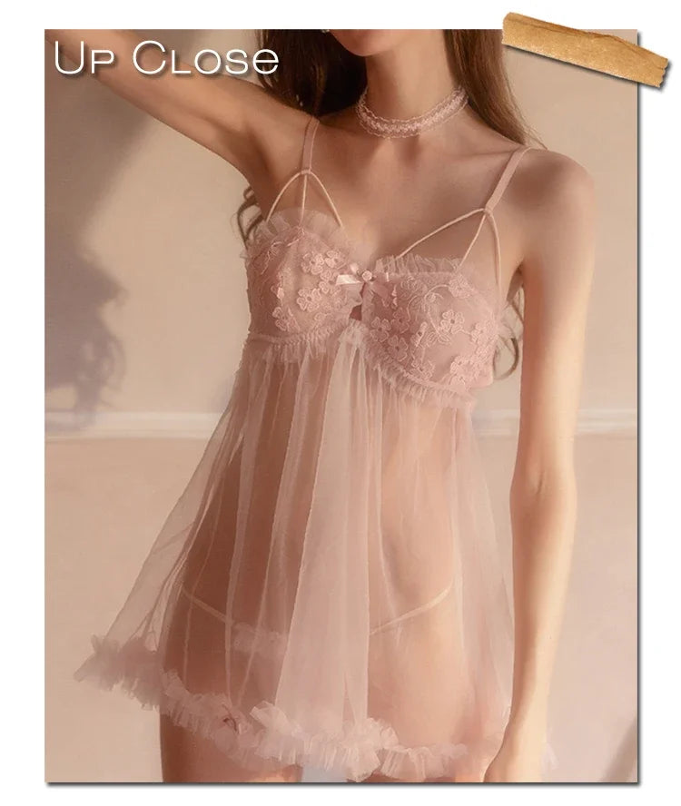 Pink Kawaii Lingerie dress Lolita Nightwear Sexy Lace Tulle Sweet Pink Sling Night Private Room Underwear Women Night Gowns 2024