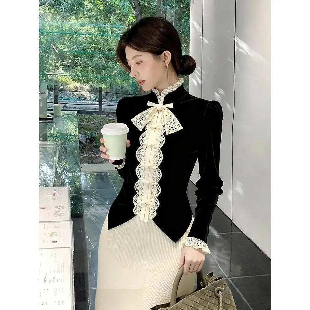 French Velvet Shirt Bow Camisas De Mujer Shirts & Blouses Black Top Blusas Roupas Femininas Designer Luxury Trend  Chemise Femme
