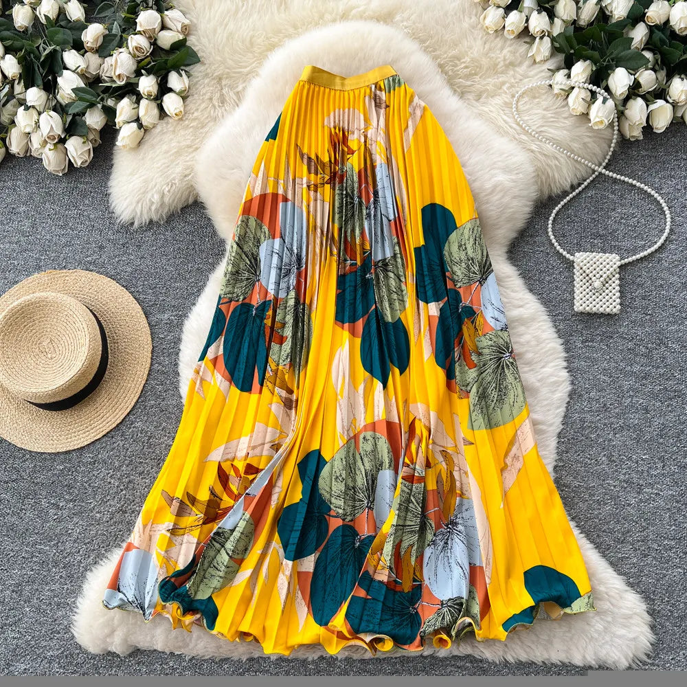 2026 New Summer Women Temperament Vintage All-match Skirt High Waist Printing Medium Length A-line Pleated Big Skirt Skirt