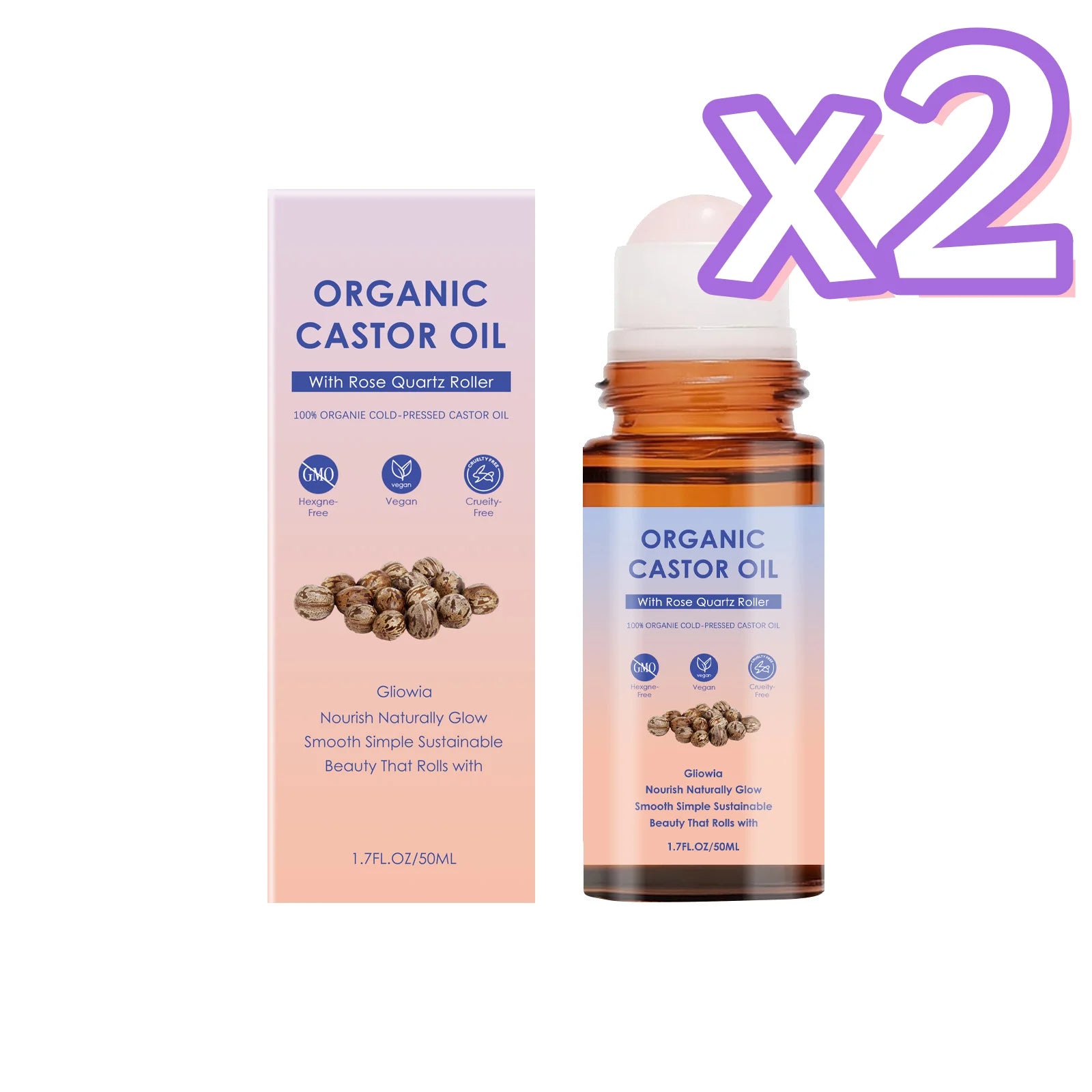 Organic Castor Oil Rose Quartz Roller Ball Moisturizing Skin Barrier Deep Repair Soothing Skin Cold-Pressed Natural Castor Oil